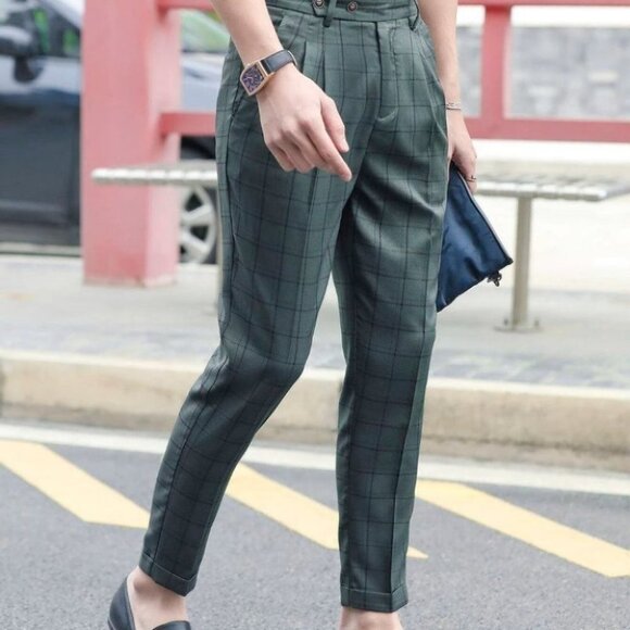 Green Preppy Men's Grid Tailored Pants - Picture 3 of 8